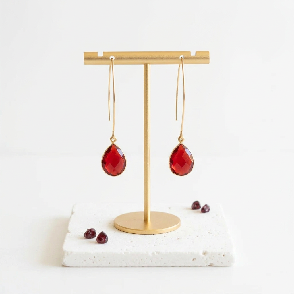 Long ruby red hydro quartz teardrop drop earrings, hanging view