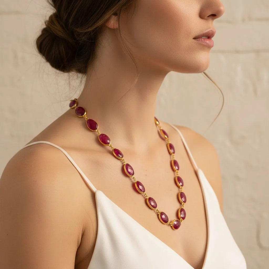 Ruby red faceted gemstone chain necklace in gold, July birthstone jewelry