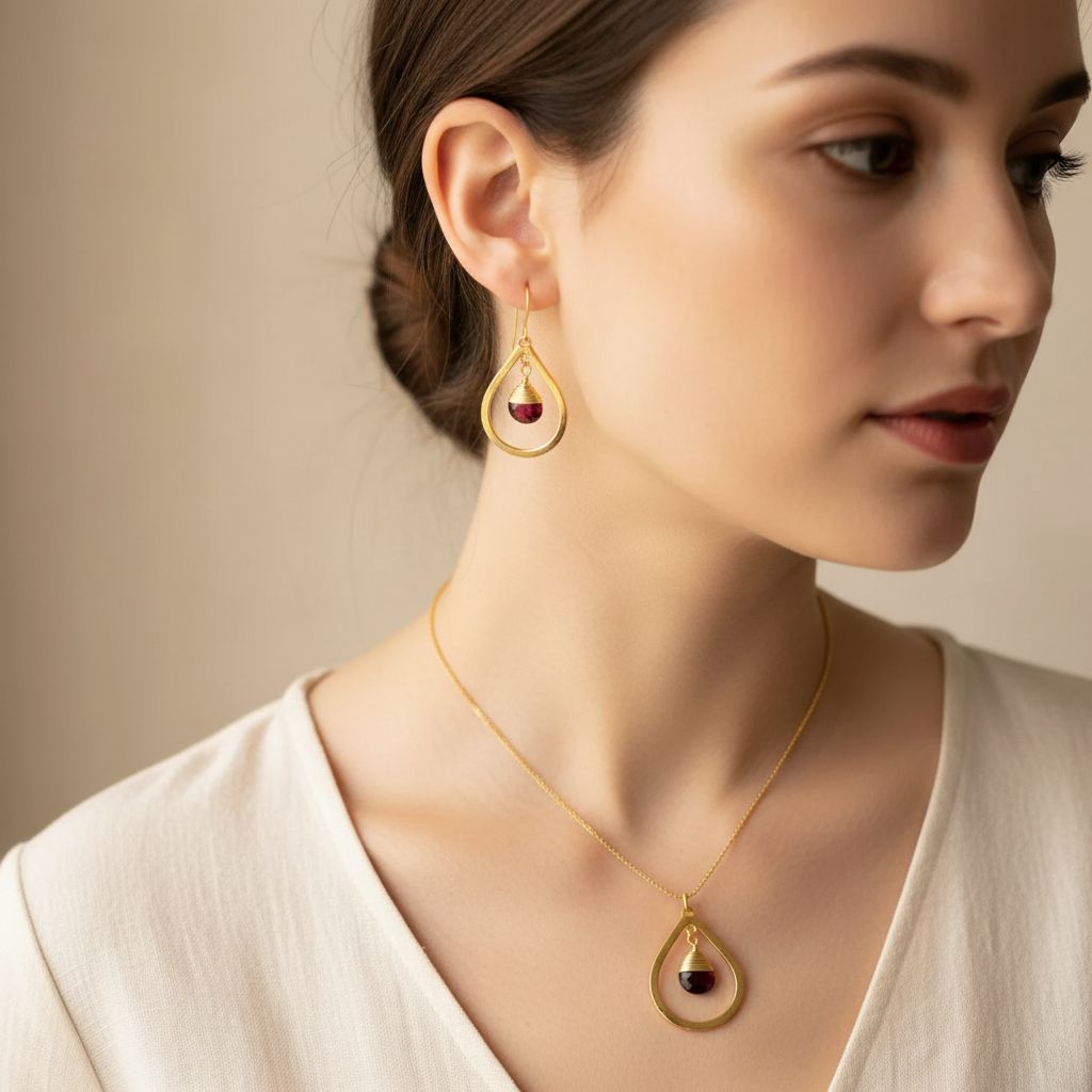 Gold earrings with red gemstones on a textured white plate
