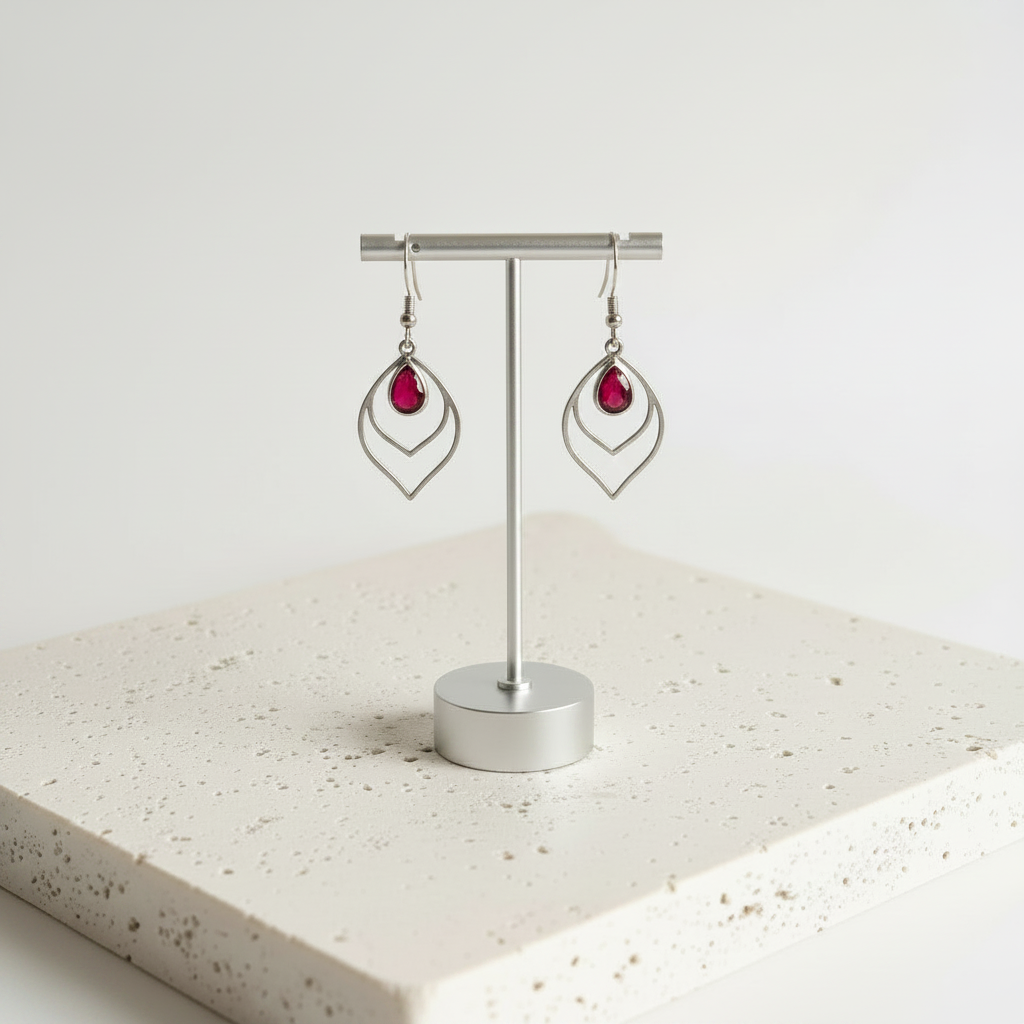Red faceted glass teardrop earrings in silver, shown hanging