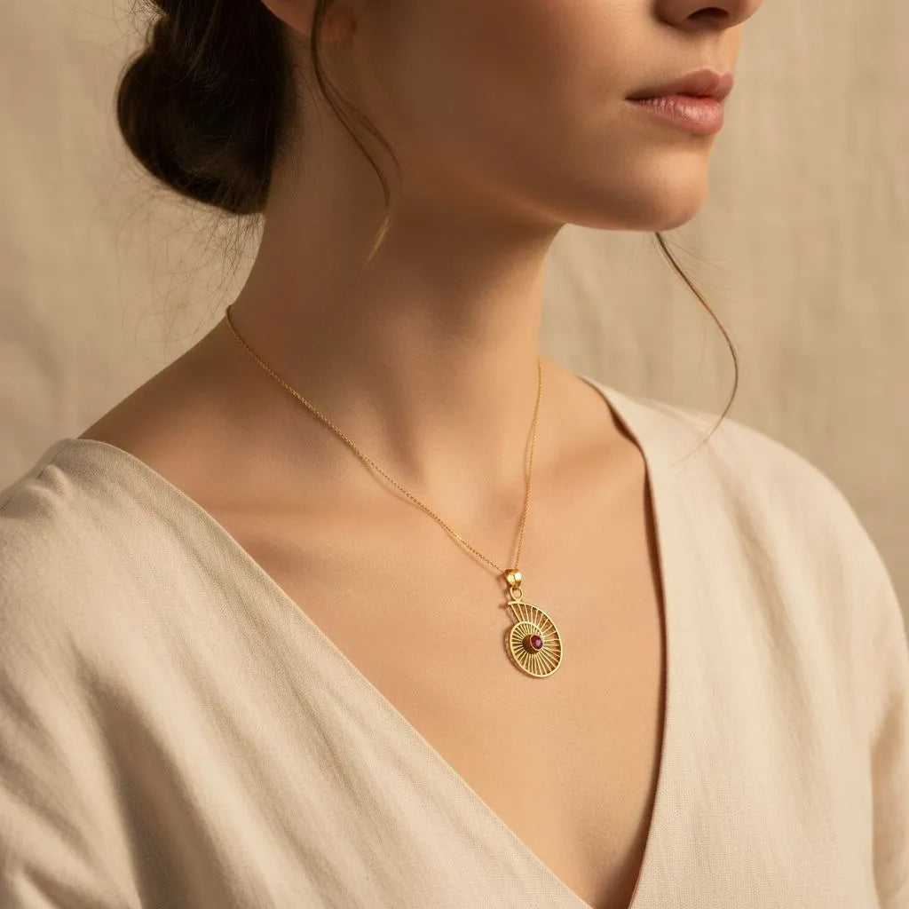 Gold necklace with a circular pendant featuring a red gemstone on a white background