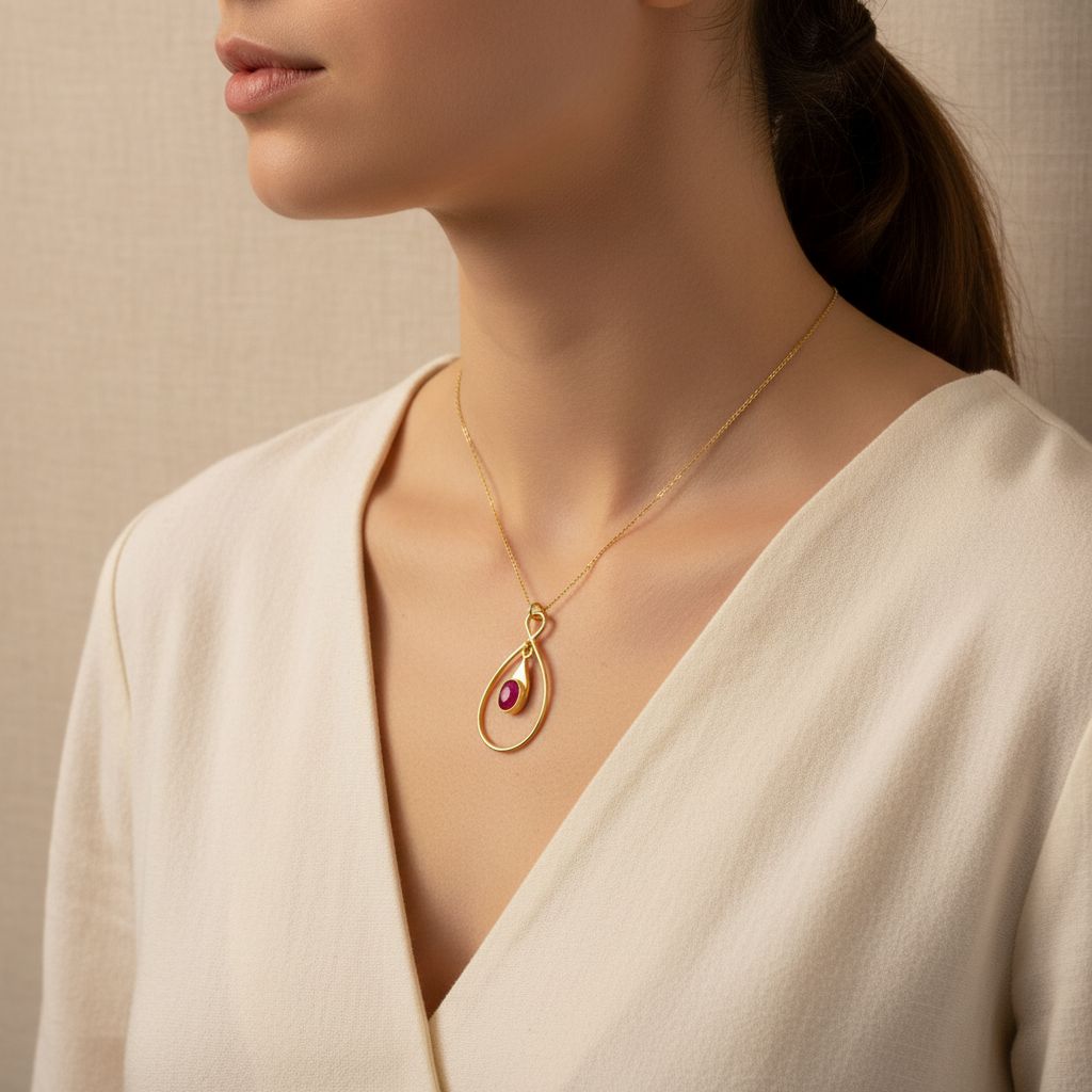 Gold necklace with a red gemstone pendant on a white background