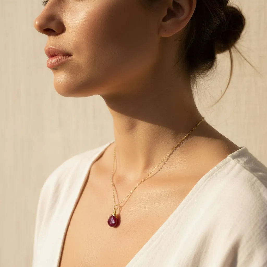 Gold necklace with pink gemstone pendant on a white surface with crystals