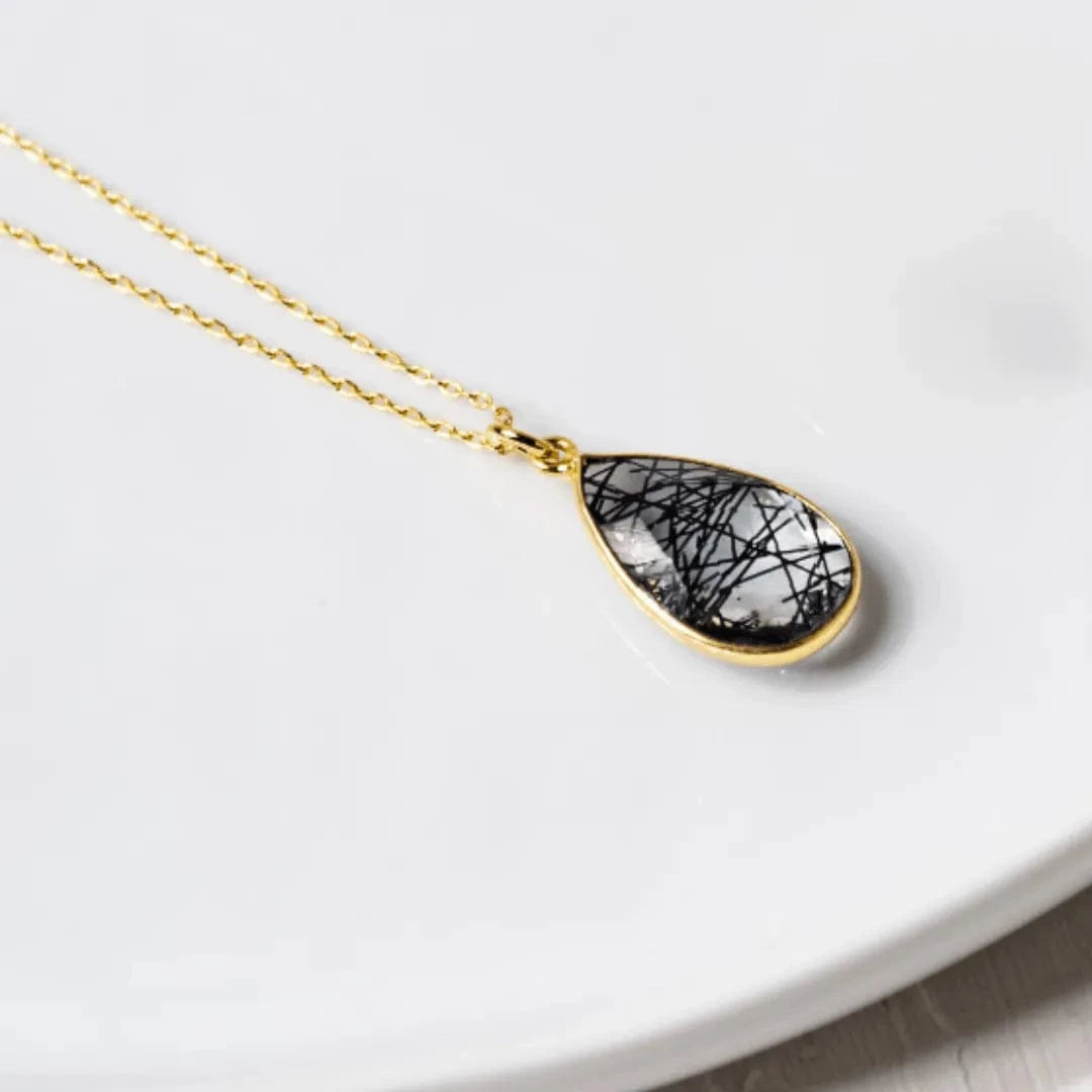 Black rutilated quartz teardrop pendant necklace — The Protector gemstone quiz result, Mystic Soul Jewelry