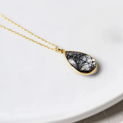 Black rutilated quartz teardrop pendant necklace — crystal necklace for protective clarity