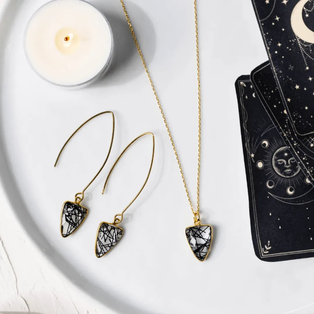 Black rutilated quartz triangle pendant necklace in gold — 12 x 15mm faceted bezel-set stone
