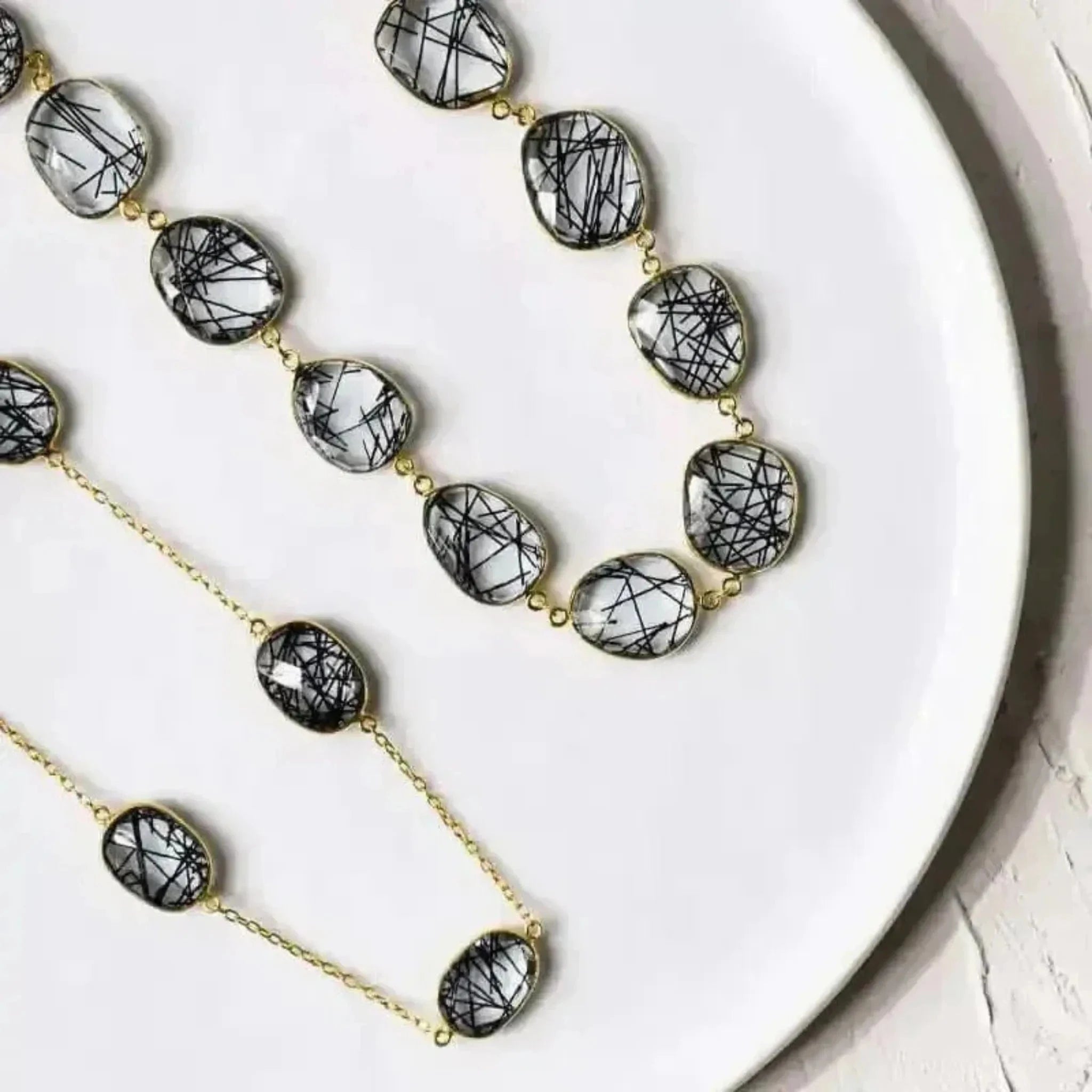 rutilated quartz long necklaces in gold