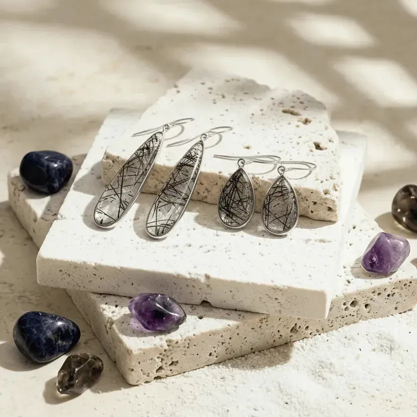 Rutilated quartz teardrop drop earrings, silver-plated