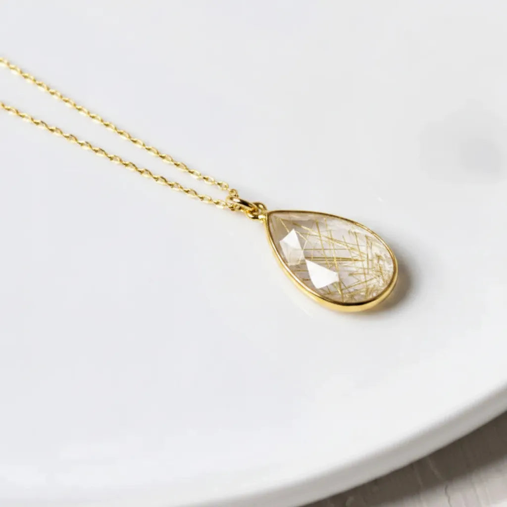 Gold rutilated quartz teardrop pendant necklace — Light Bearer gemstone quiz result, Mystic Soul Jewelry