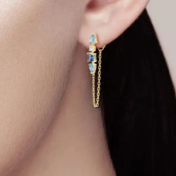 Sacred Geometry Drop Earrings - Gold - Plated 925 Sterling Silver with Blue Zircon | Sacred Angles Collection