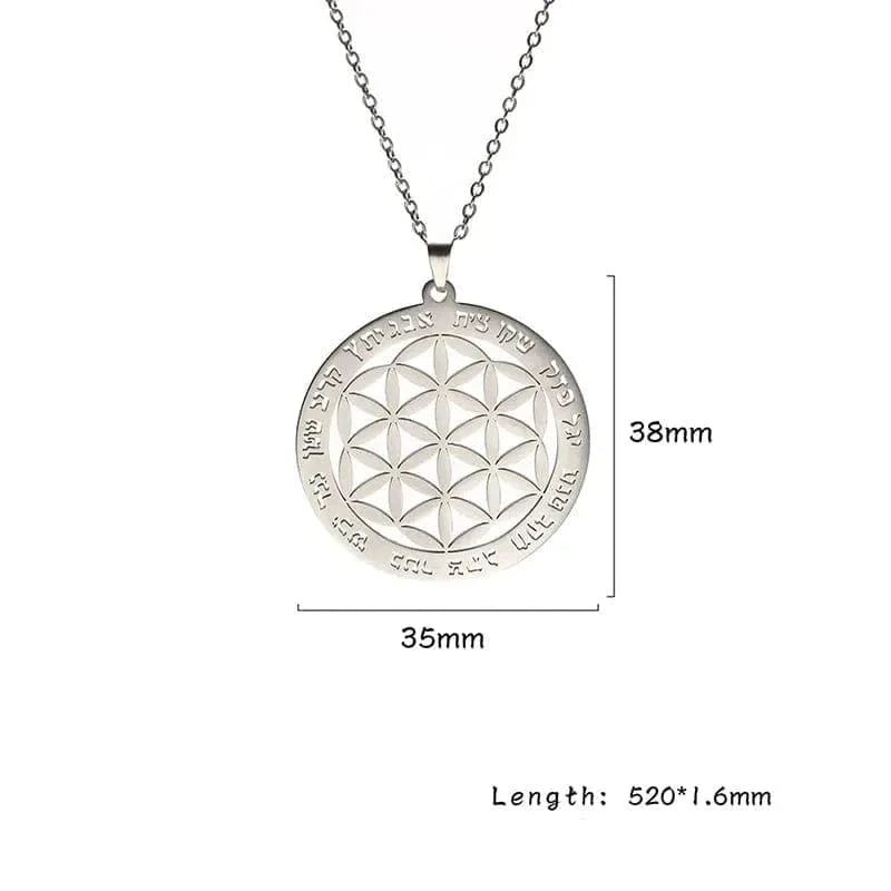 Silver necklace with a circular pendant on a white background