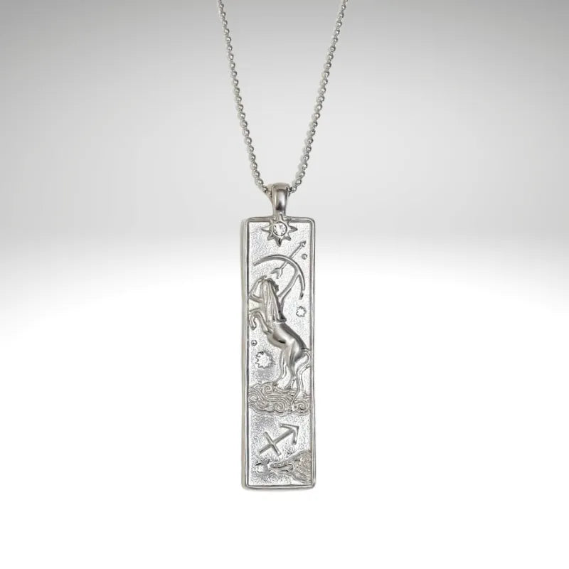 Silver zodiac pendant with chain on a light gray background