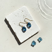 Gold sapphire blue ombré glass drop earrings, deep blue fading to light