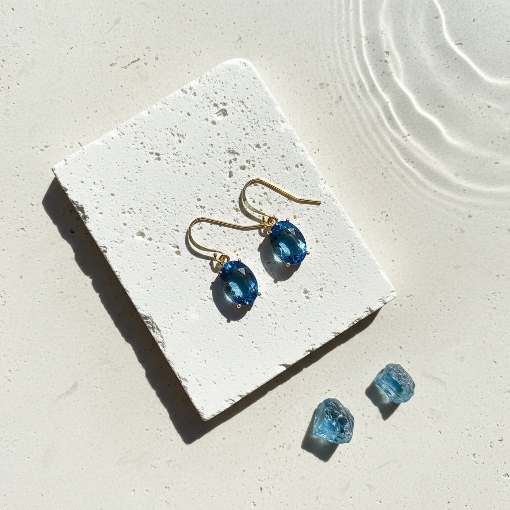 Gold sapphire blue ombré glass drop earrings, deep blue fading to light