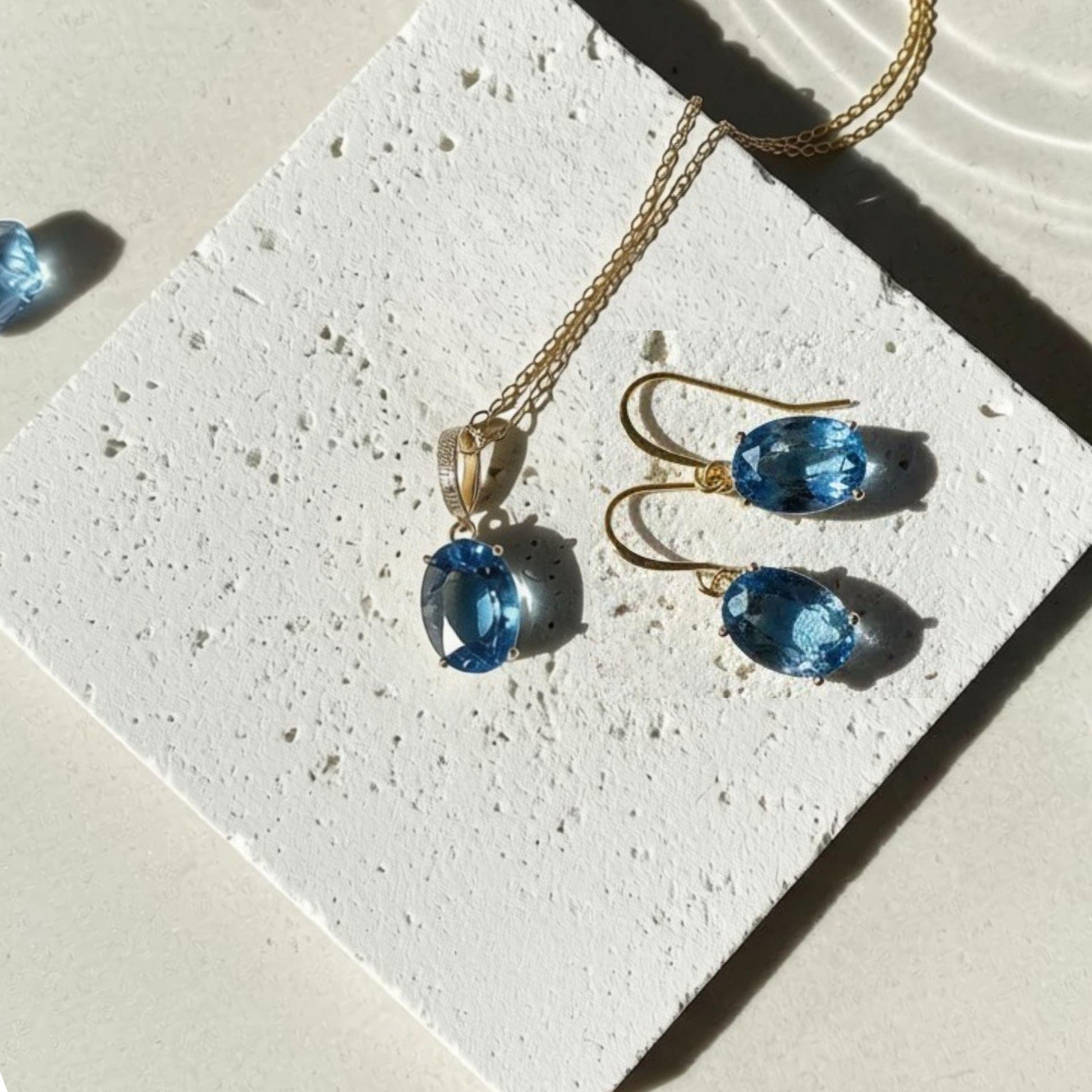 Sapphire blue ombré glass earrings and necklace set in gold, Mystic Soul Jewelry