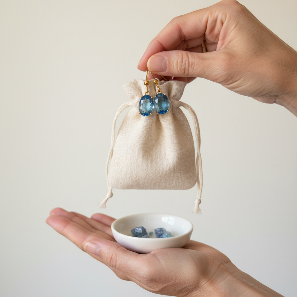 Hand holding gold sapphire blue ombré glass drop earrings beside Mystic Soul Jewelry gift bag