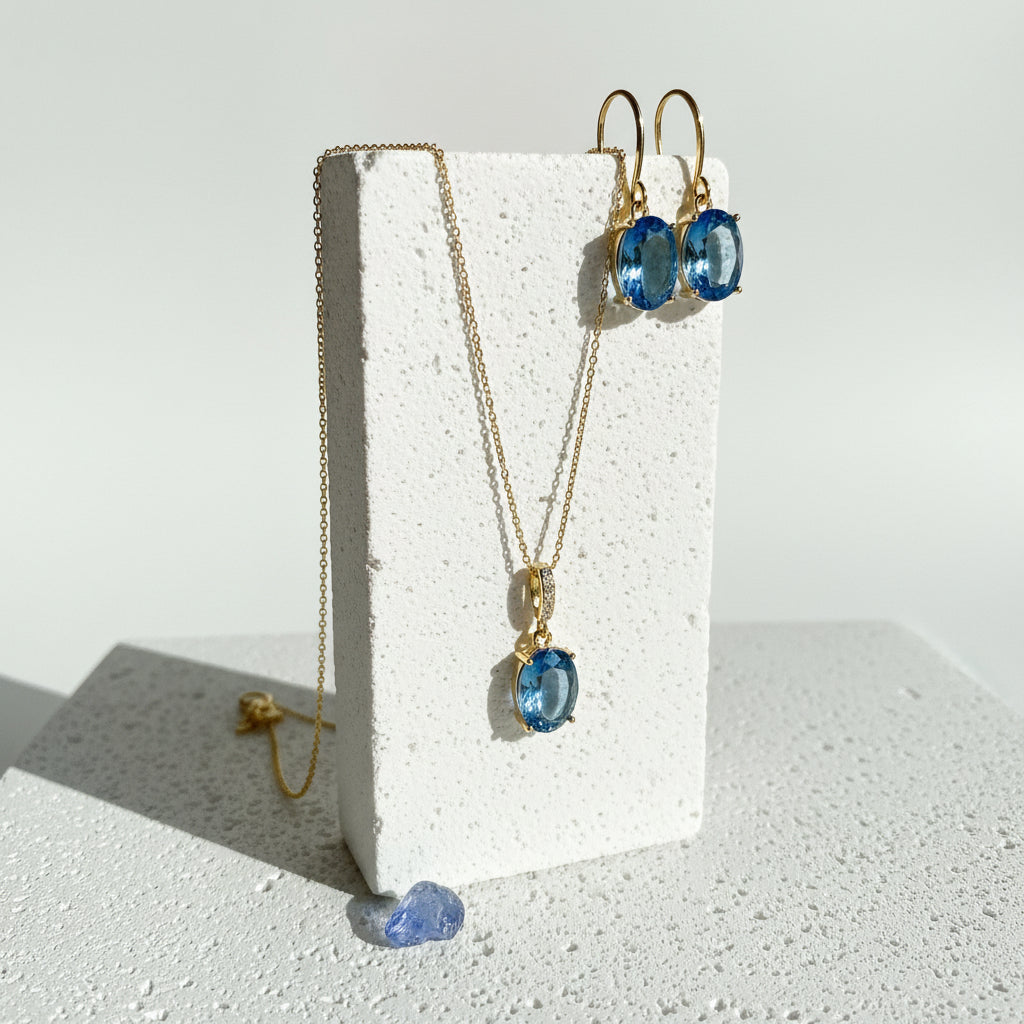 Gold sapphire blue ombré glass necklace with matching drop earrings