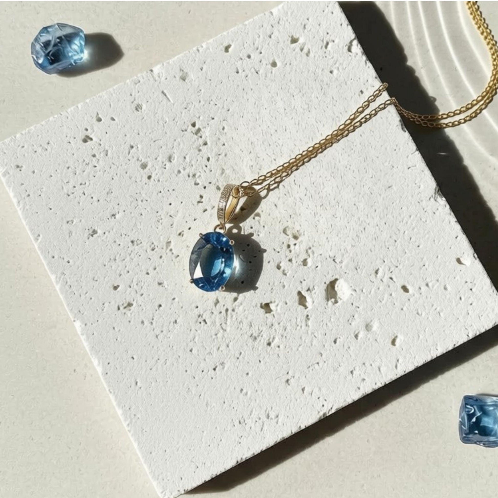 Gold sapphire blue ombré glass pendant necklace on a fine chain