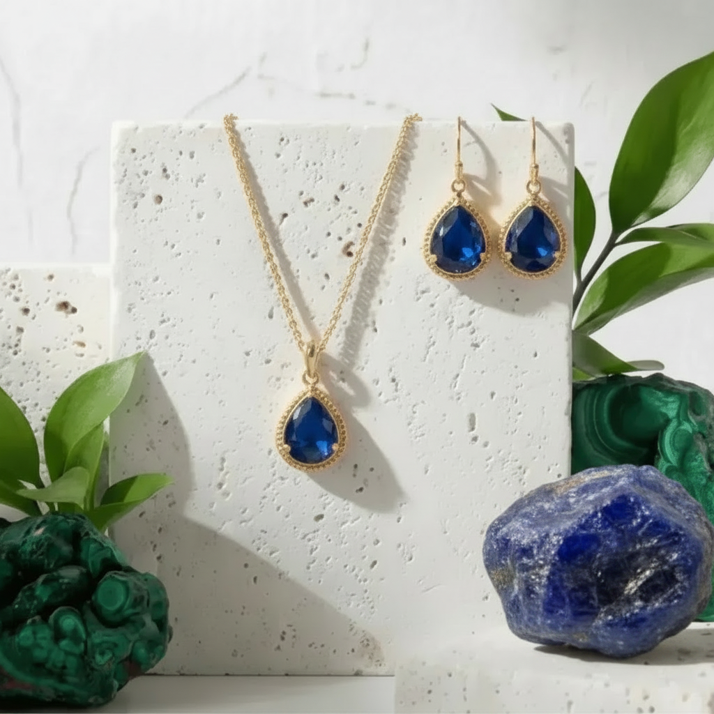Sapphire blue exquisite necklace and earring set in gold, September birthstone jewelry