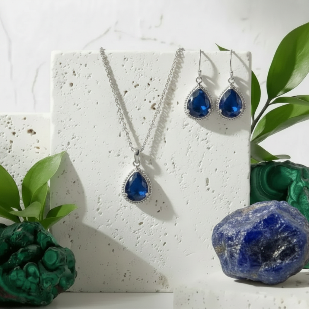 Sapphire blue exquisite necklace and earring set in silver, September birthstone jewelry