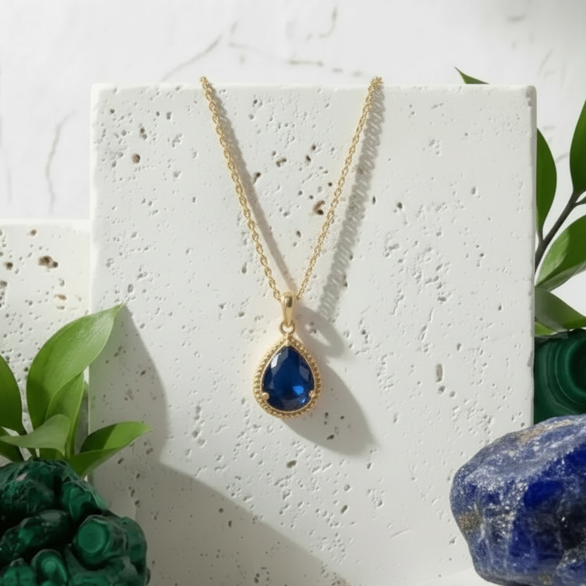 Sapphire blue exquisite teardrop pendant necklace in gold, September birthstone jewelry