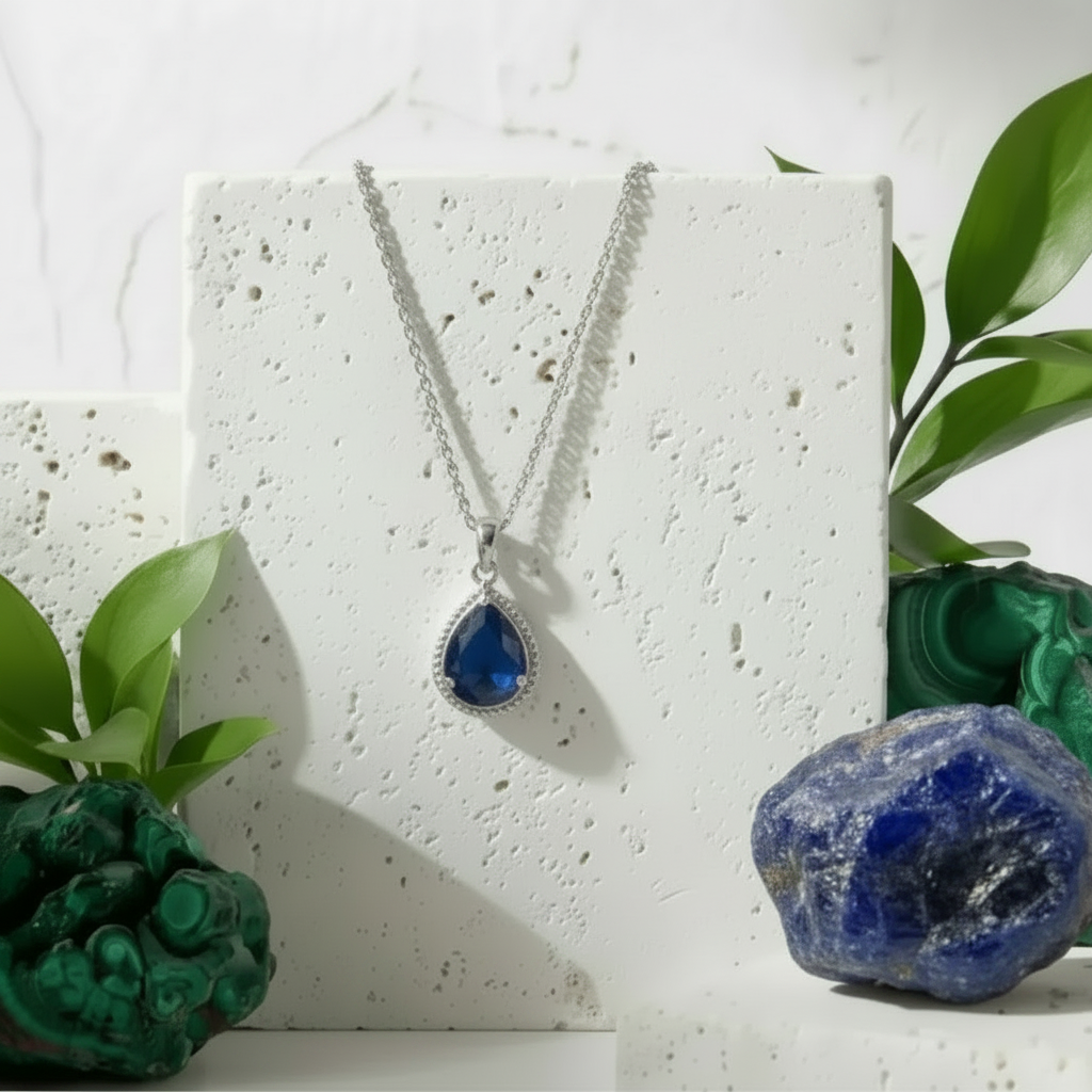 Sapphire blue exquisite teardrop pendant necklace in silver, September birthstone jewelry