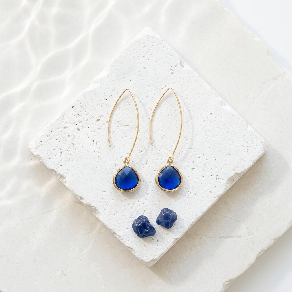 Cobalt blue glass Elegant Pebble earrings on gold long ear wires