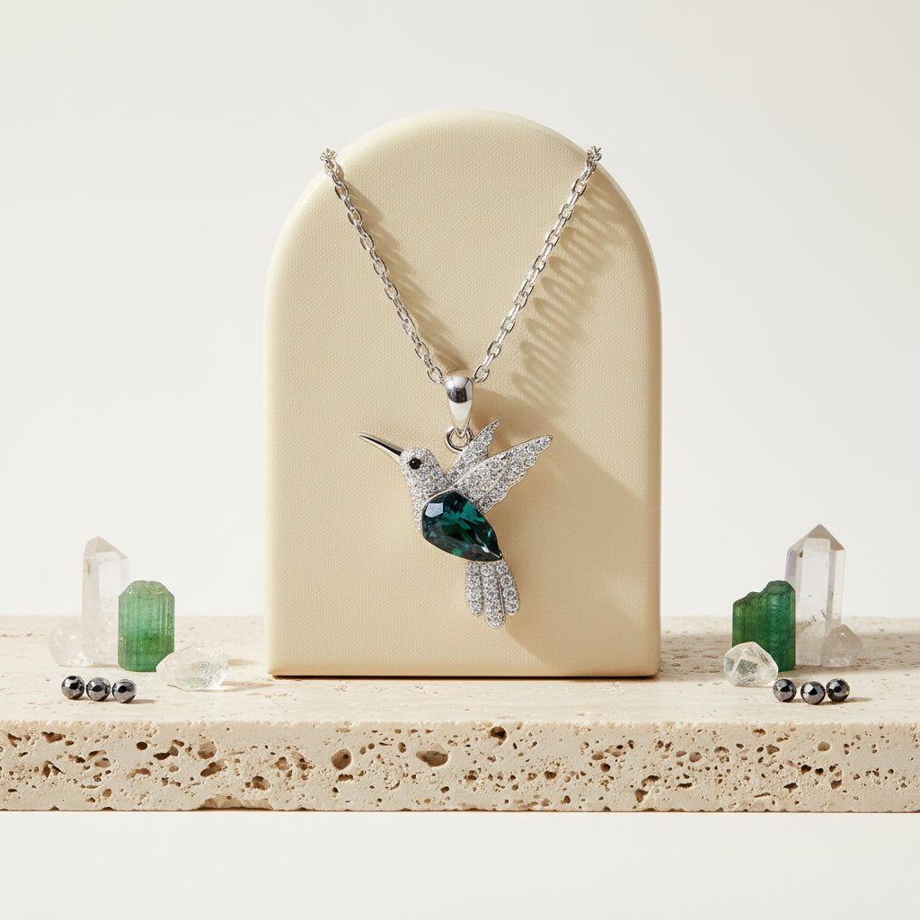 Sapphire blue crystal hummingbird pendant necklace sterling silver — spirit animal jewelry for joy