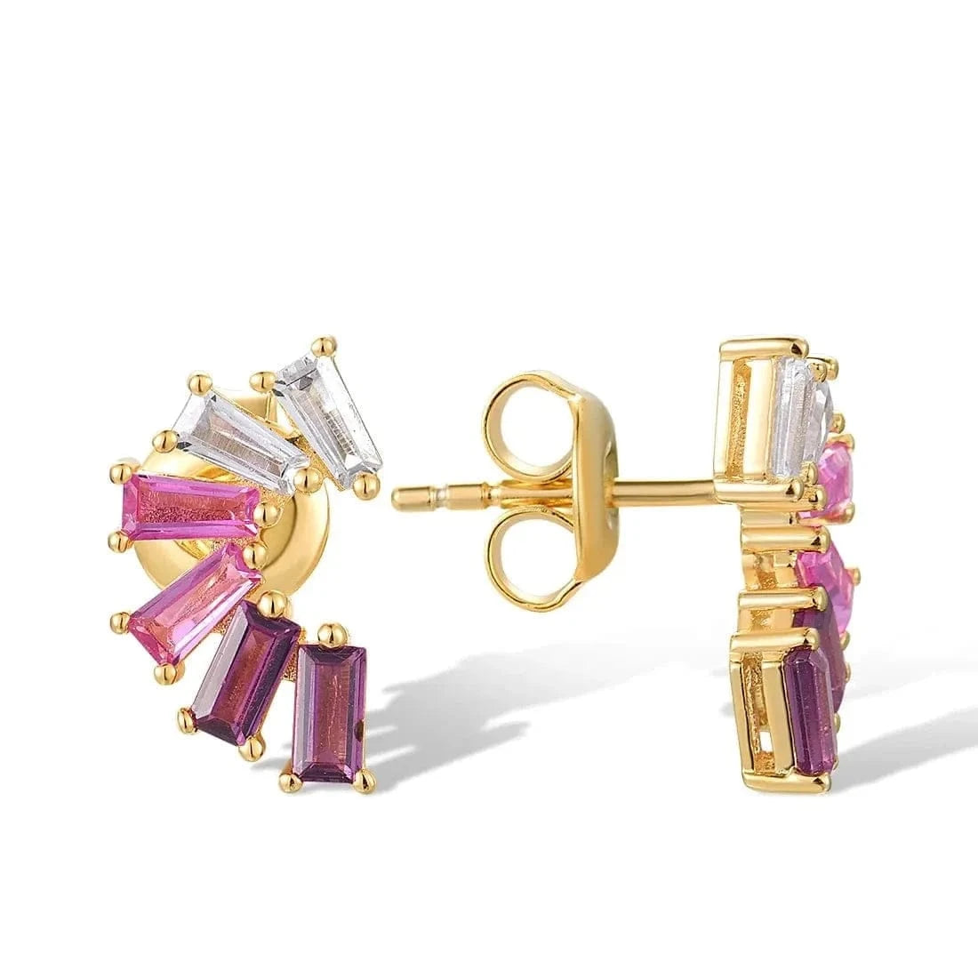 Gold earrings with pink and purple gemstones on a white background