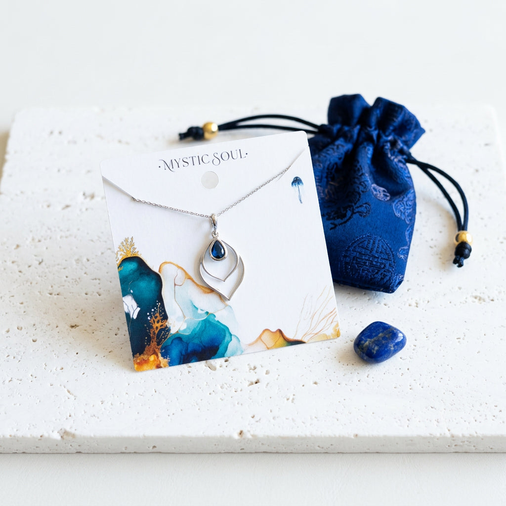 Silver sapphire blue Double Teardrop necklace with gift tag and satin pouch