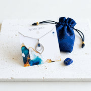 Silver sapphire blue Double Teardrop necklace with gift tag and satin pouch