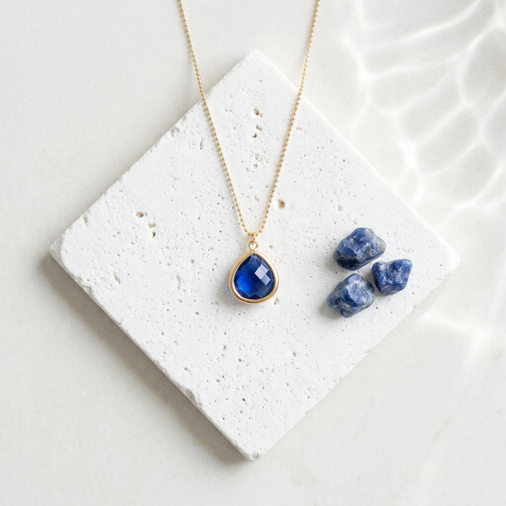 Gold Elegant Pebble necklace with vivid sapphire blue faceted glass pendant, September birthstone colour