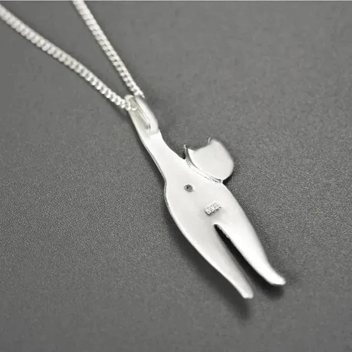 Silver necklace with a unique pendant on a gray background