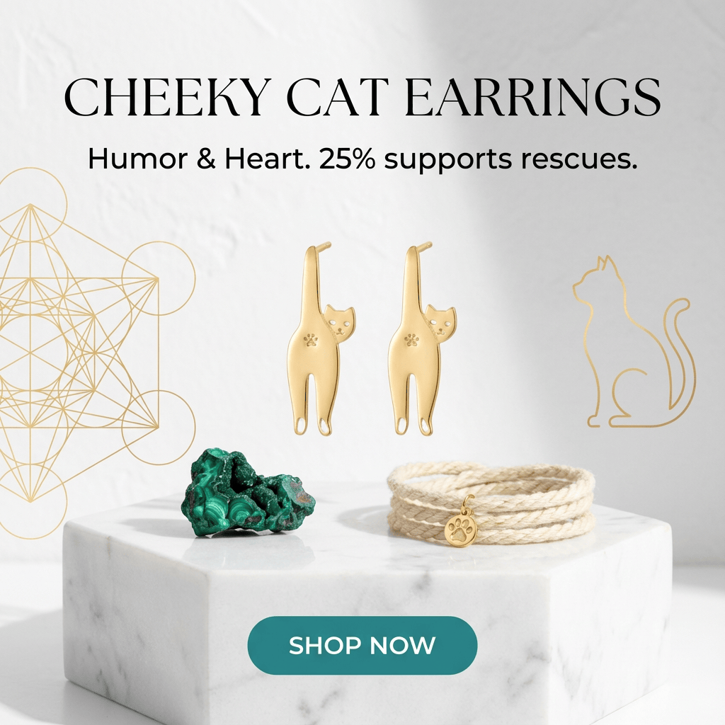 Cheeky cat earrings on a marble stand with decorative elements and 'Shop Now' button.