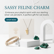 Cat-themed jewelry set with necklace, collar, and stones on a white background