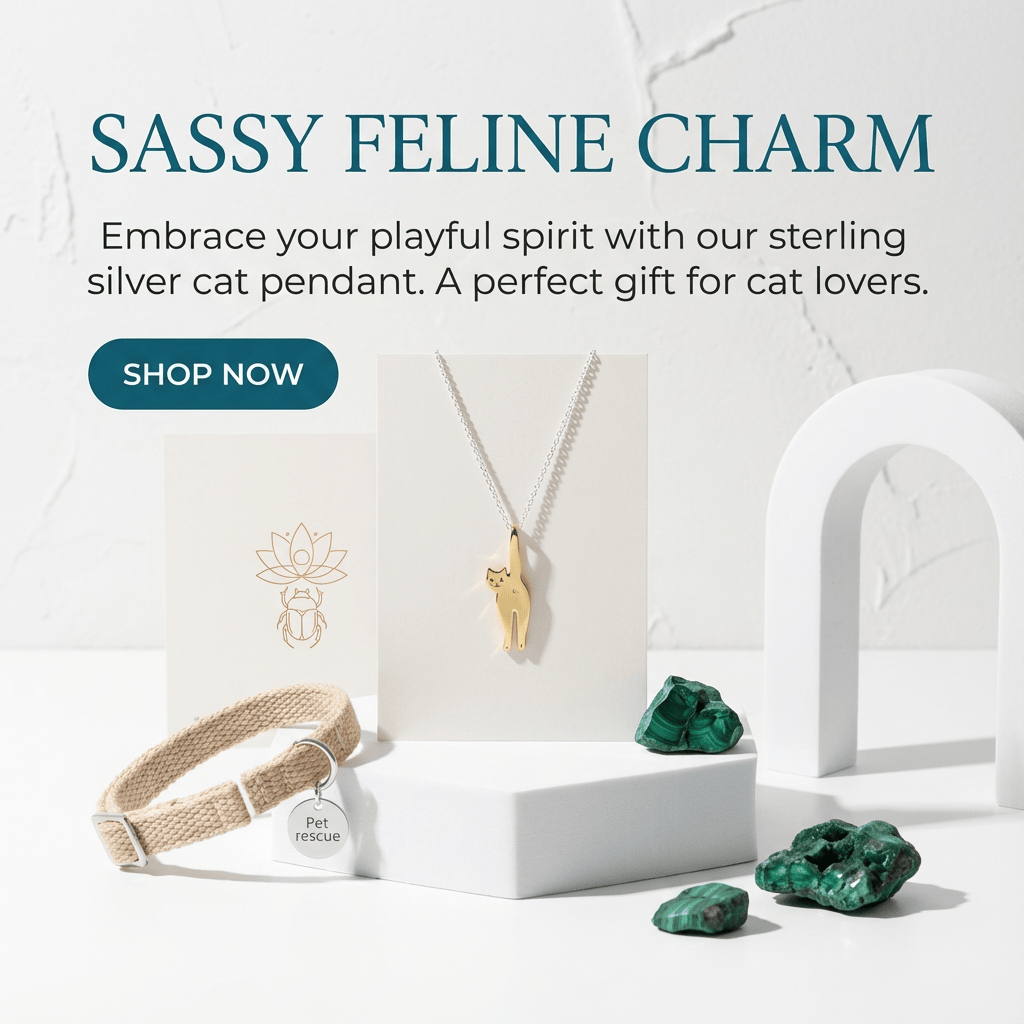 Cat-themed jewelry set with necklace, collar, and stones on a white background