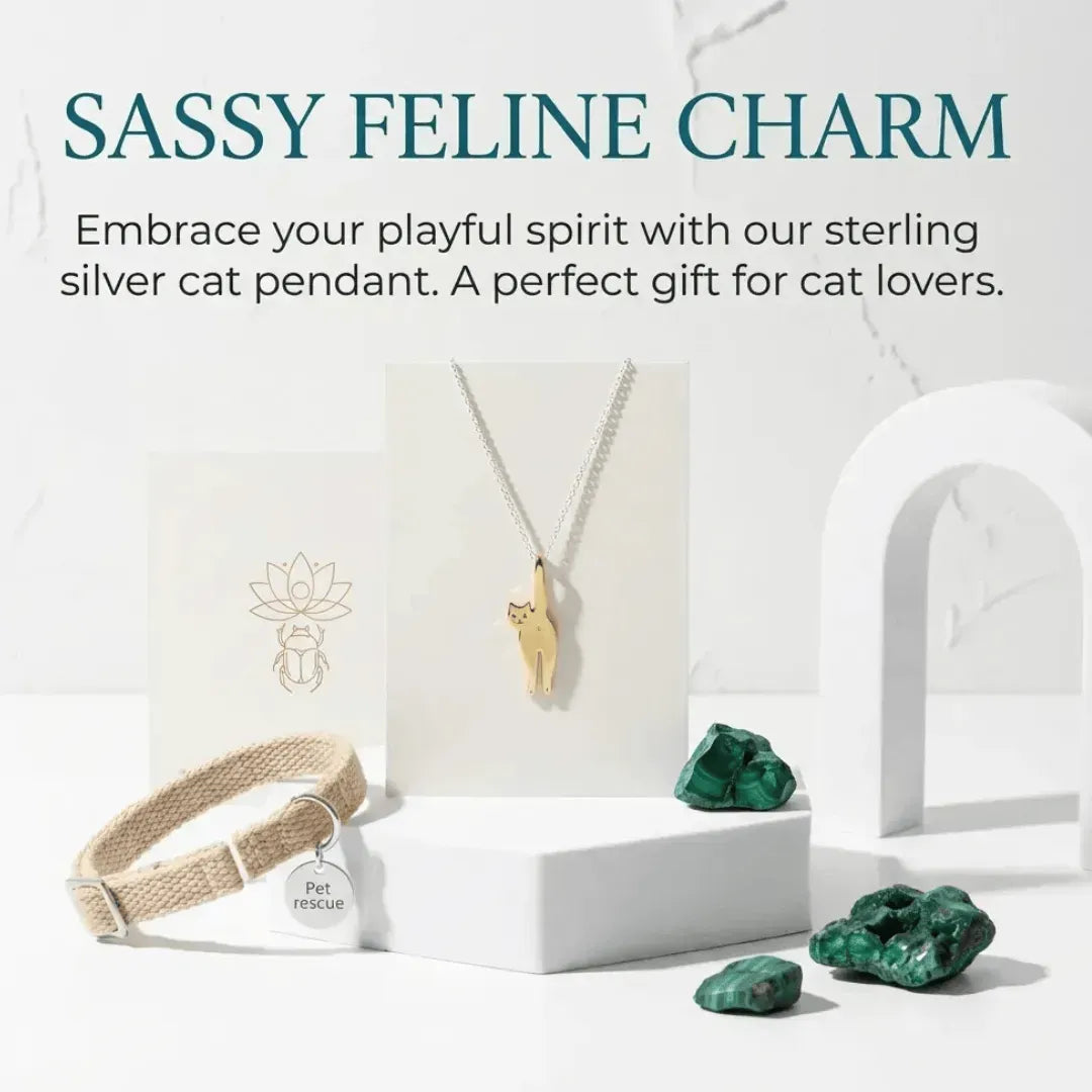 Sassy Feline Charm necklace and collar with emerald stones on a white background