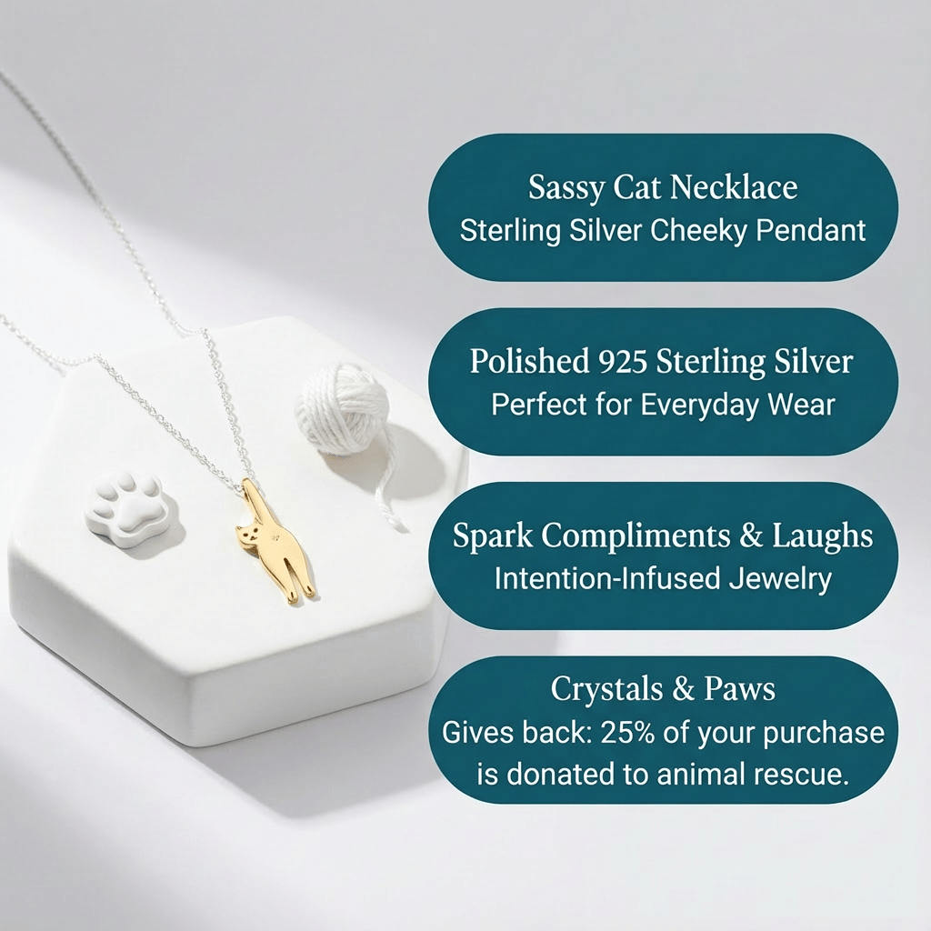 Sassy Cat Necklace with sterling silver cheeky pendant on a white background