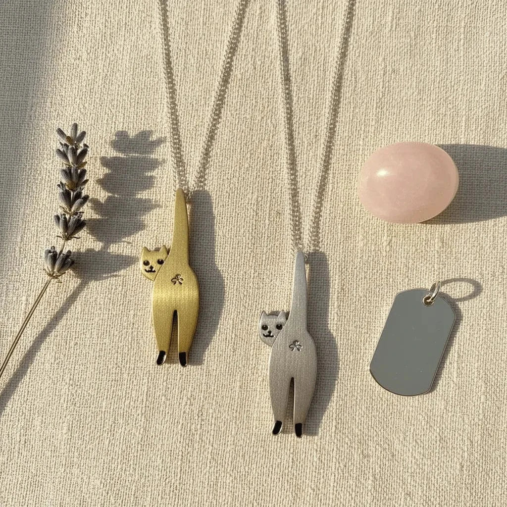 Two cat-shaped pendants on chains with a pink stone and gray tag on a beige surface.