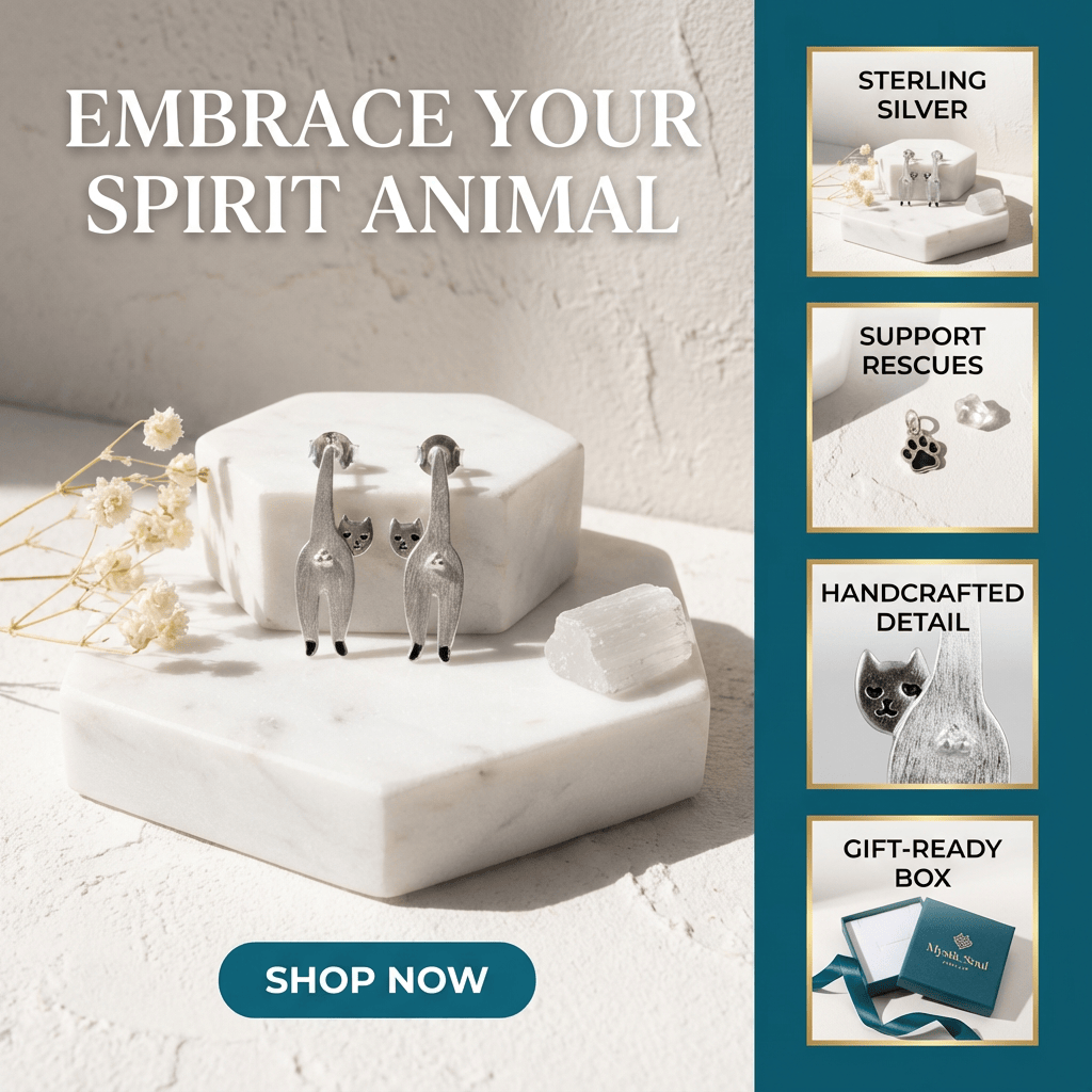 Cat-shaped earrings on a white stone with promotional text and images on the right.