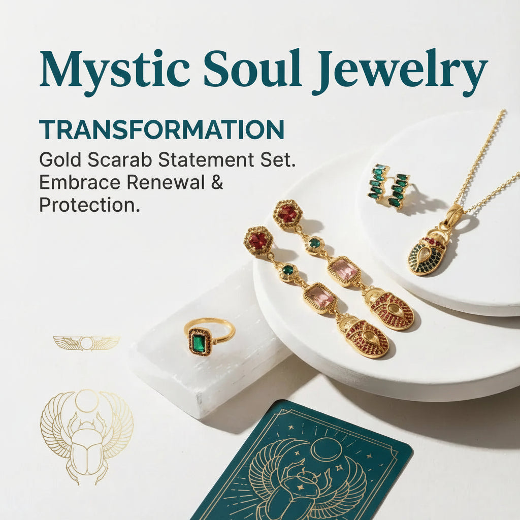 scarab necklace earrings with text
