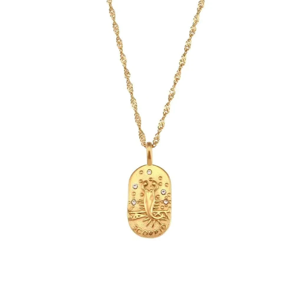 Gold necklace with a pendant on a white background