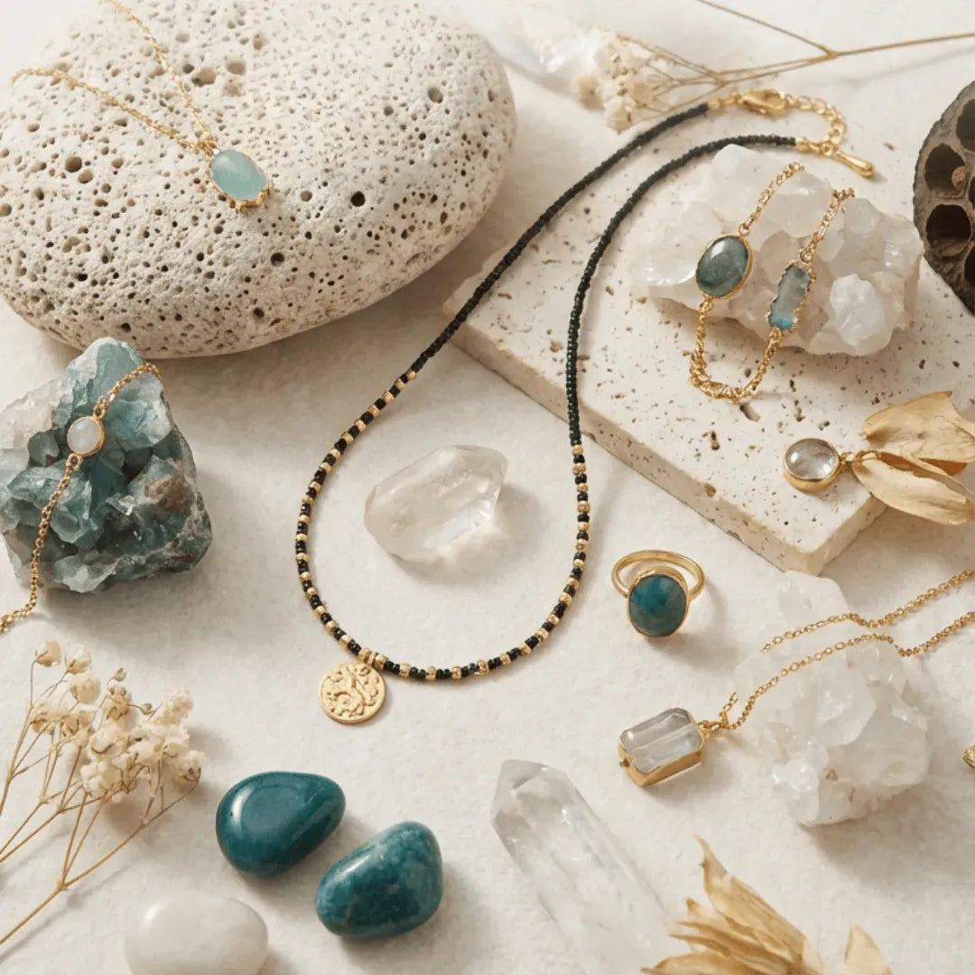 Jewelry set with necklaces, rings, and stones on a textured surface