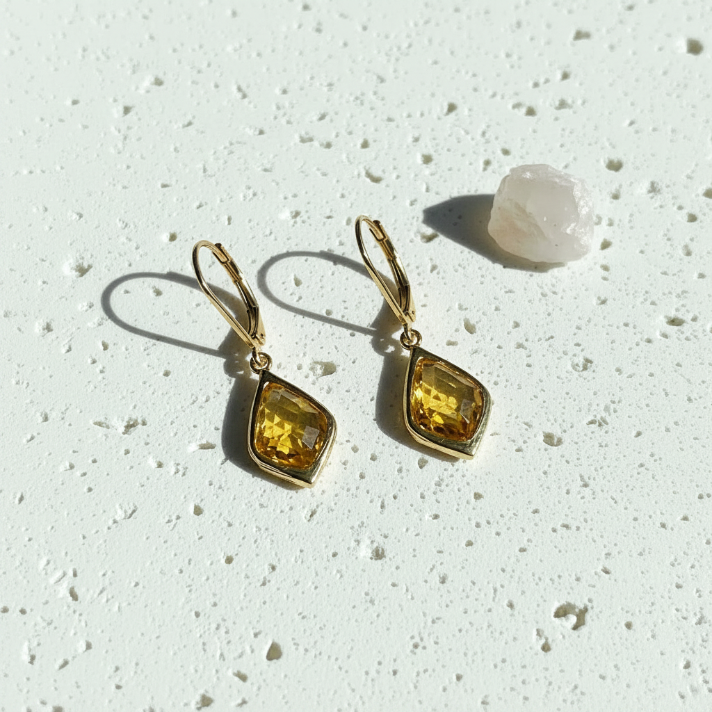 Gold Selene drop earrings with citrine yellow faceted glass, November birthstone colour