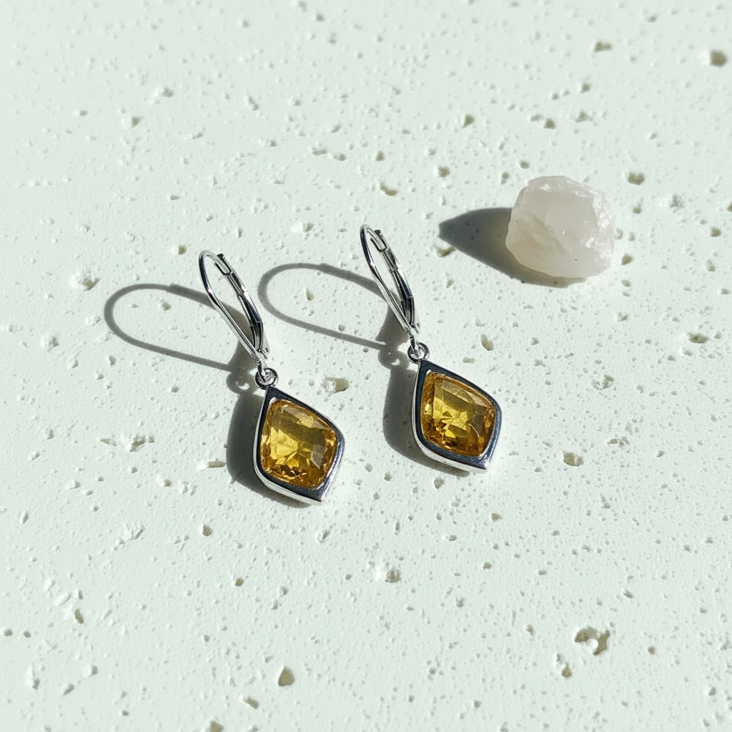 Silver Selene drop earrings with citrine yellow faceted glass, November birthstone colour