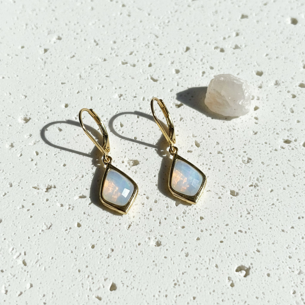Gold Selene drop earrings with opalite faceted glass