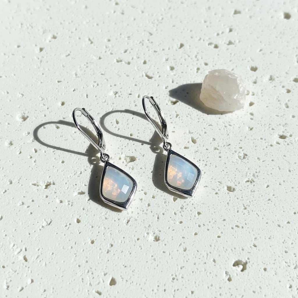 Silver Selene drop earrings with opalite faceted glass