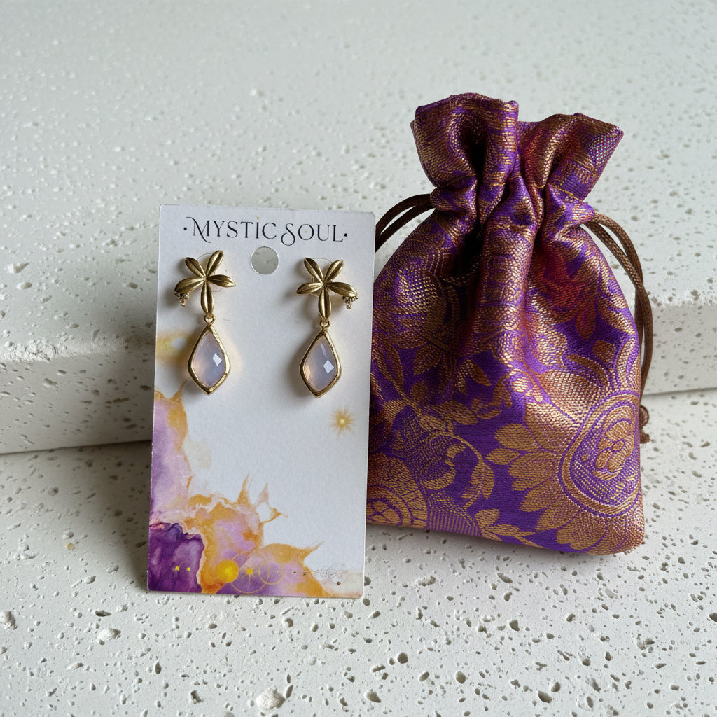 Gold Selene opalite earrings with flower studs, gift bag and tag