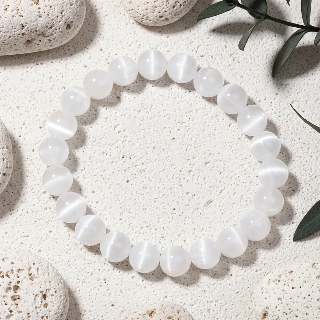 White beaded bracelet on a wooden surface with a brown background