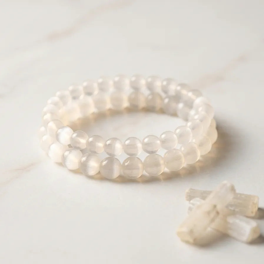Selenite Crown Chakra stretch bracelet stacked styling for cleansing and clarity, sourced by Mystic Soul Jewelry